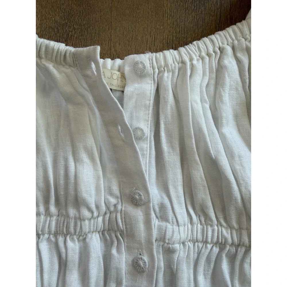 Ulla Johnson Smocked Short Sleeve White Linen Peplum Top Size 14